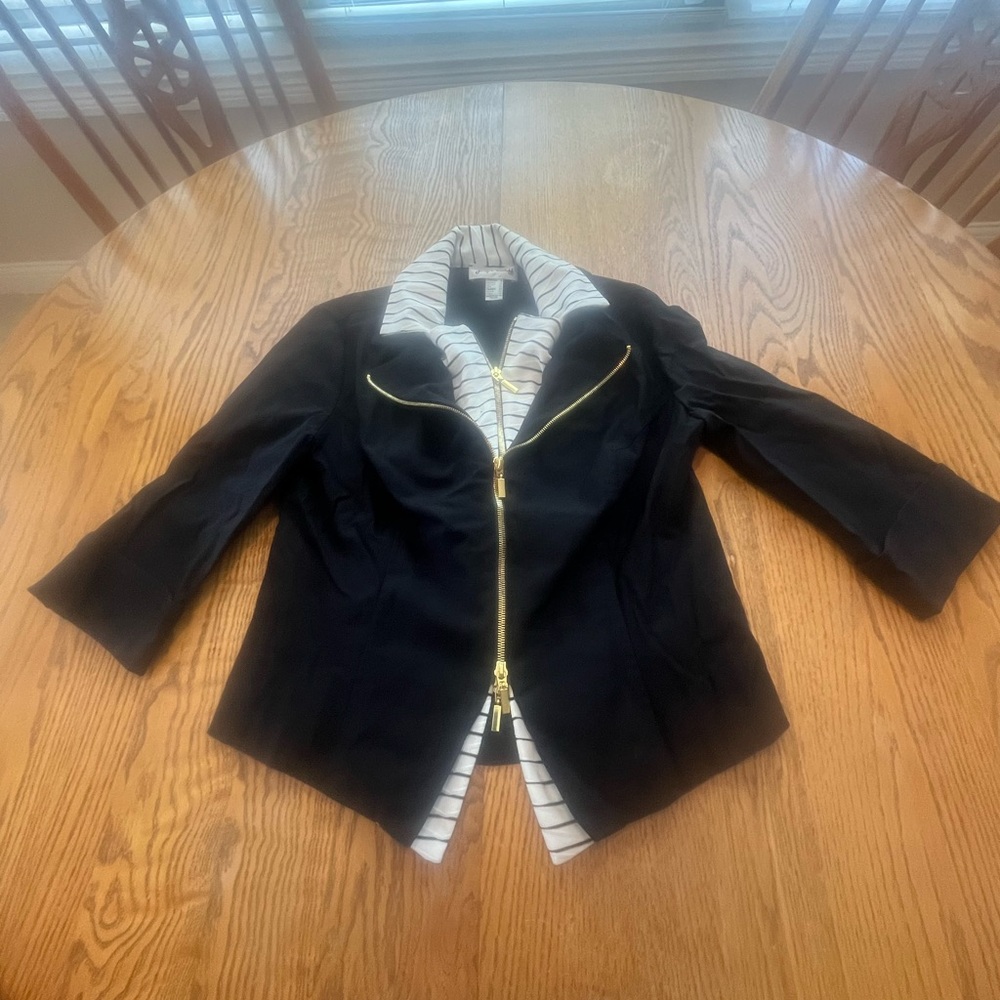 Joseph Ribkoff Double Zip Stripe Black & White Jacket Gold Hardware Size 8